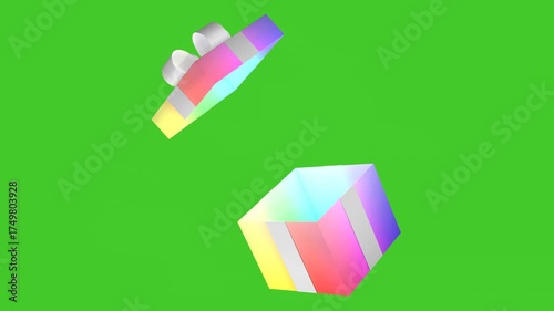 Colorful gradient gift box opening on green screen background, festive 3D animation with bright surprise effect for celebration, holiday and creative projects, chroma key.