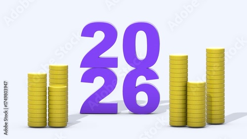 Gold coins appear and grow around “2026” text on white background, symbolizing New Year luck, prosperity and wealth, festive 3D animation for finance and celebration projects.