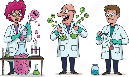 Cartoon, scientists, chemistry, experiment, lab coat, colorful, reaction, glassware, fun, animated, bubbles, smoke, character, science, playful, educational, teamwork, discovery, gloves, goggles