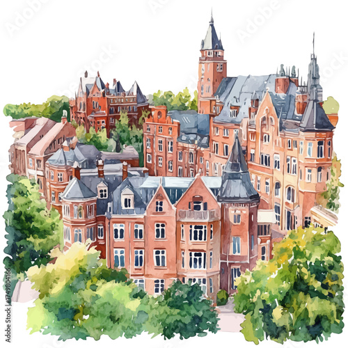 Campus, watercolor vector, isolated on a white background.