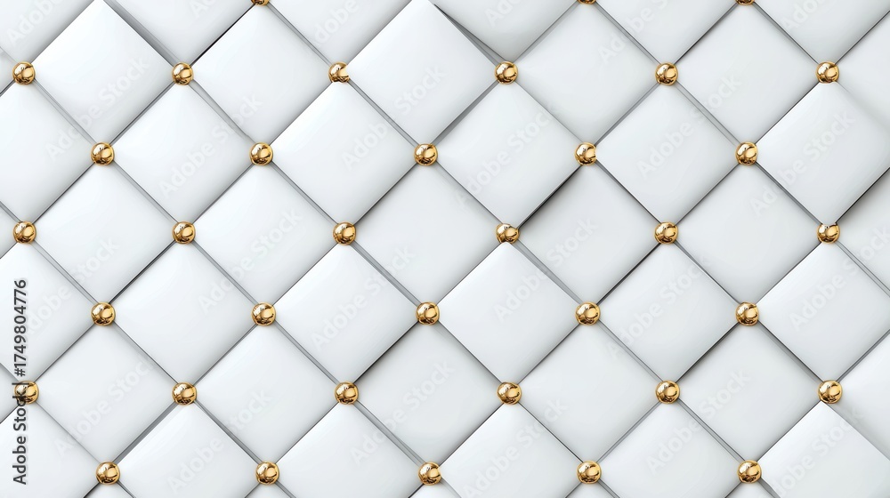 Obraz premium White Tufted Leather Background with Gold Buttons - Luxurious Texture for Interior Design, Furniture, or Upholstery with Diamond Pattern