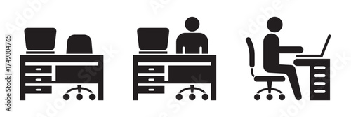 Office workspace vector icon. Sign of an office worker using a laptop or computer. Vector illustration