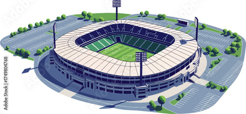 Detailed vector illustration of a modern football stadium viewed from above in isometric perspective. Features green field, bright seats, floodlights, trees, and parking area. Perfect for sports, arch