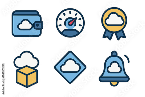 Cloud service icons featuring wallet, speed gauge, medal, box, and notification bell