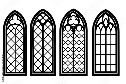 Four gothic arched window silhouettes featuring intricate tracery patterns