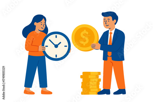 Woman with clock and businessman exchanging money coin concept