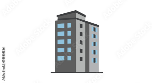 A modern, stylized illustration presents a tall, gray building with blue windows, perfect for architectural design, cityscapes, and urban themes.