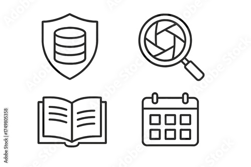 Four black outline icons for data security, search, documentation, and scheduling tasks