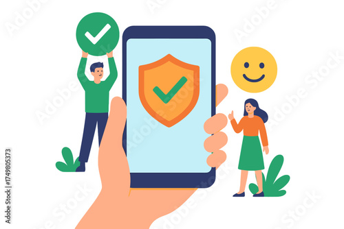 Mobile security confirmation with shield and celebrating users