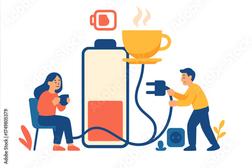 People restoring energy with coffee near large battery symbol