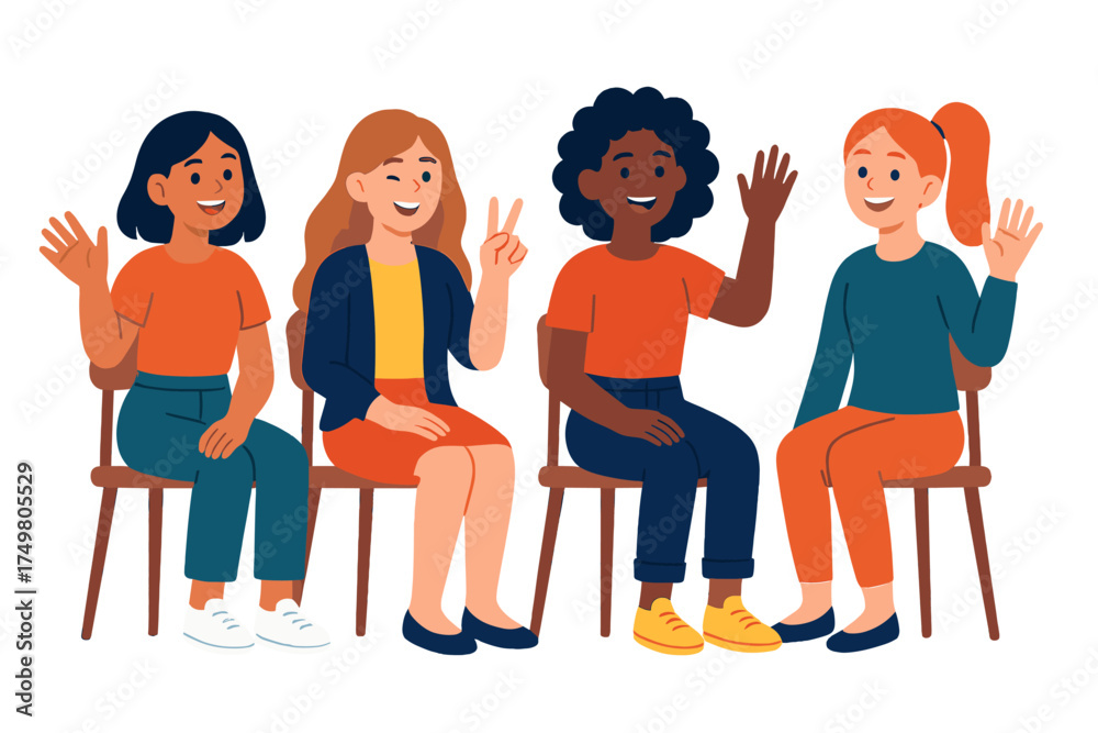 Obraz premium Diverse group of smiling women sitting side by side on chairs waving and showing peace sign