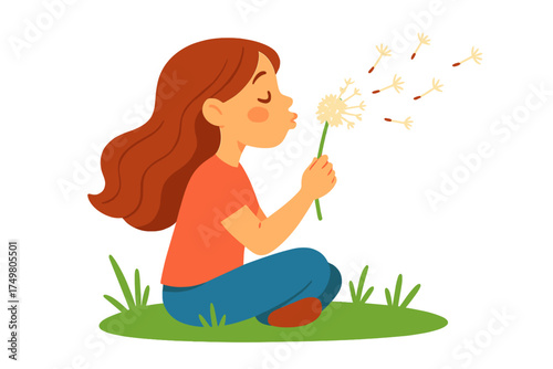 Young girl sitting on the grass blowing a fluffy dandelion flower and making a wish
