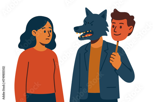 Person wearing wolf mask holding smiling human face mask standing opposite suspicious woman