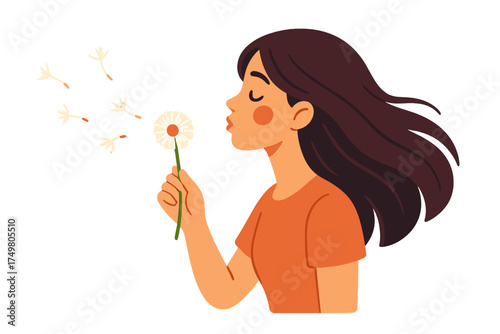 Young woman in profile blowing dandelion seeds making a wish for spring and freedom