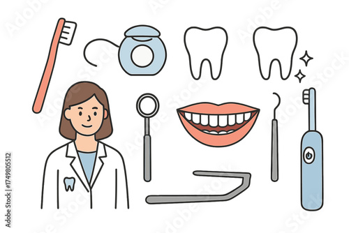 Dentist professional with various dental hygiene tools and equipment for oral health care