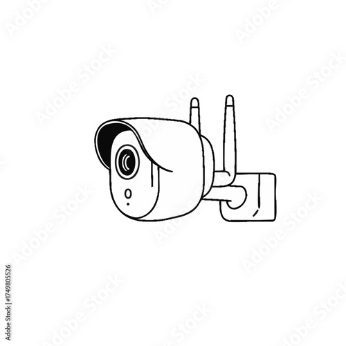 A crisp line art illustration depicts a modern wireless security camera with dual antennas, mounted on a wall bracket, symbolizing surveillance and protection.