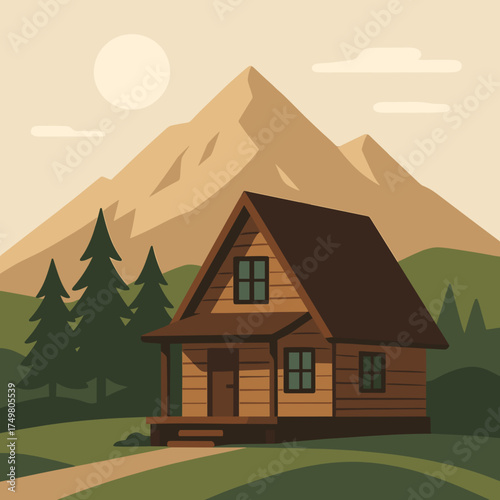 Cozy wooden cabin nestled among mountains and pine trees under a warm sun