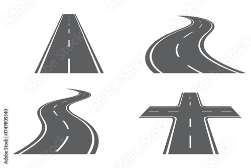 Four perspective road shapes: straight, winding, curving, and intersection elements