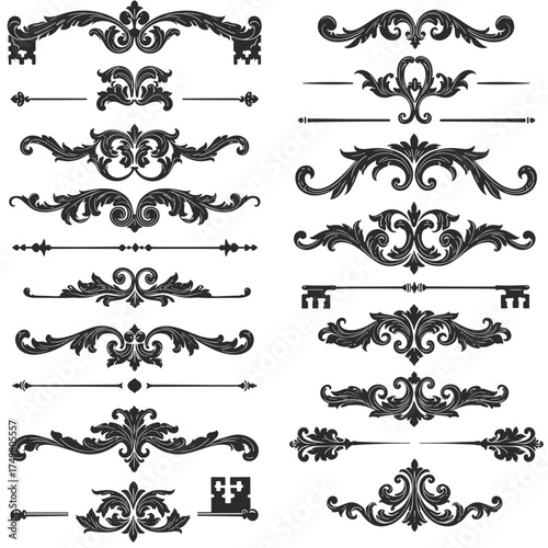 Ornate decorative borders and flourishes in black and white design  