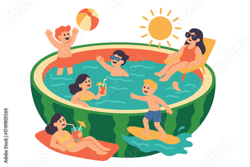 Friends having a summer pool party inside a giant sliced watermelon pool under the sun