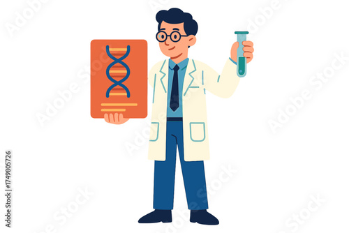 Scientist in lab coat holding a test tube and DNA structure conducting genetic research