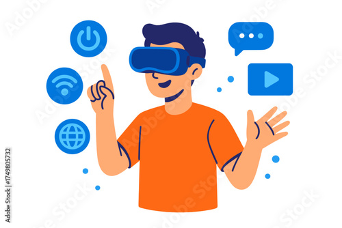 Person in VR headset pointing at floating technology icons for virtual experience