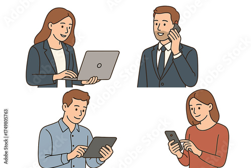 Diverse business professionals using modern digital devices for communication and work tasks