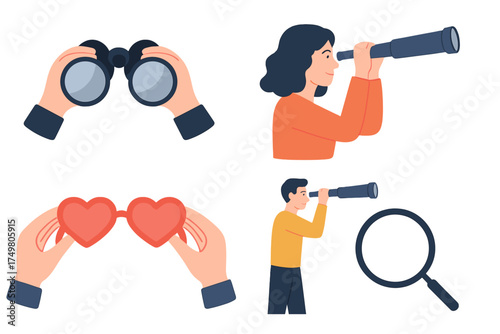 Set of vision tools including binoculars, telescope, magnifying glass, and heart-shaped glasses