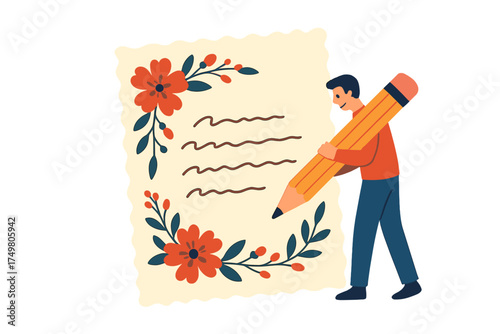 Smiling person writing a personalized letter on floral paper using a giant pencil
