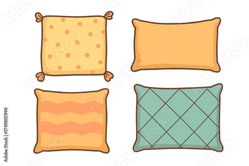 Set of four cozy decorative cushions with polka dots and stripes patterns