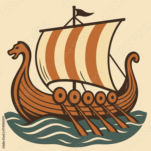 Stylized Viking ship sailing on waves with striped sails