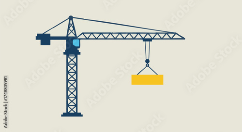 A blue tower crane in a minimalist flat design illustration efficiently lifts a yellow rectangular load, symbolizing urban development and industry.