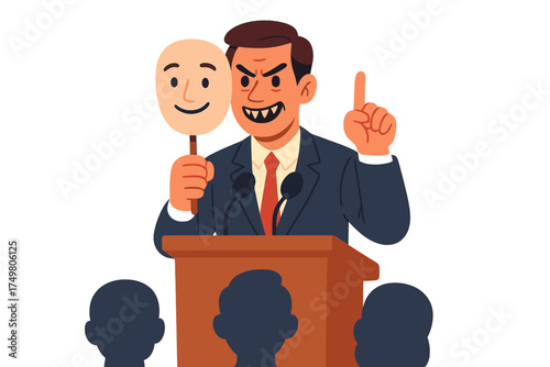 Politician holding a smiling mask to hide sinister intentions and evil face