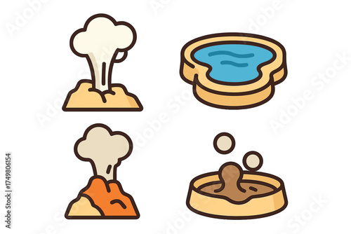 Geothermal natural phenomena symbols: geyser eruption, hot spring pool, and bubbling mud bath