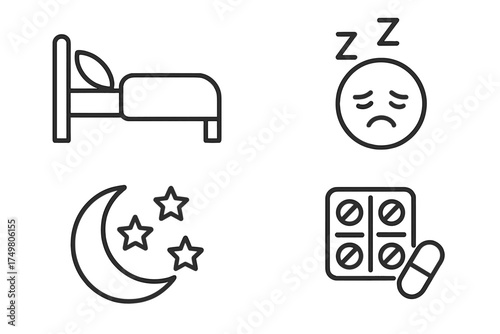 Insomnia and sleep disorder icons set featuring bed, tired face, night sky, and sleeping pills