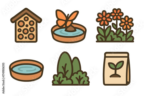 Essential elements for garden and wildlife conservation including insect hotel and seed bag