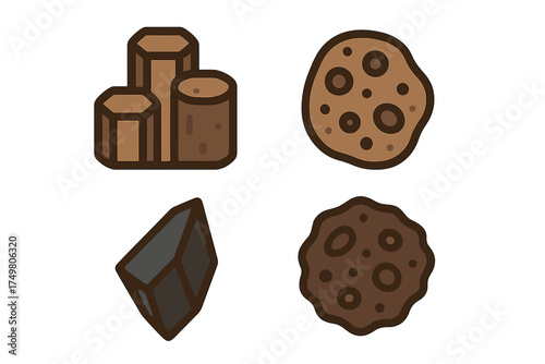 Stylized collection of resource icons including wood logs, coal, and various mineral materials