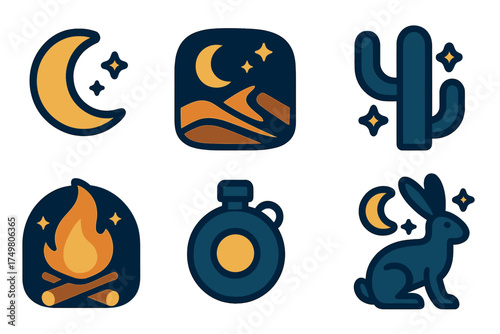 Six flat design symbols representing desert camping and nighttime outdoor adventure elements