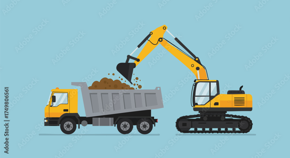 Naklejka premium A powerful yellow excavator efficiently loads a large grey dump truck with brown earth, symbolizing productive heavy construction and earthmoving work on site.