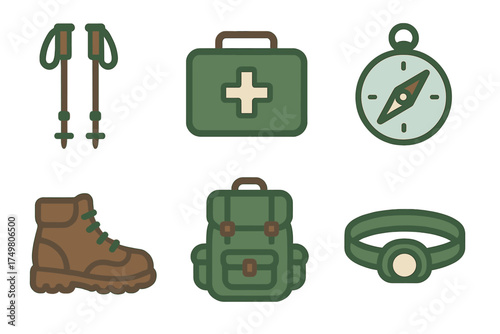 Essential outdoor adventure equipment set including trekking poles, first aid kit, compass, boot, backpack, and headlamp