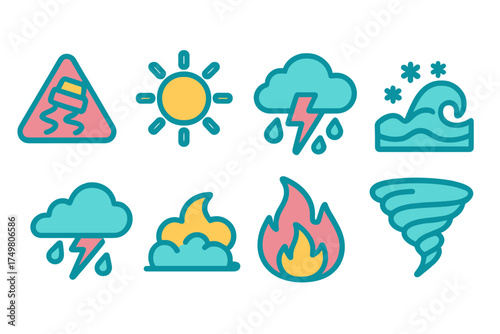 Colorful collection of natural hazard and meteorological condition symbols and icons