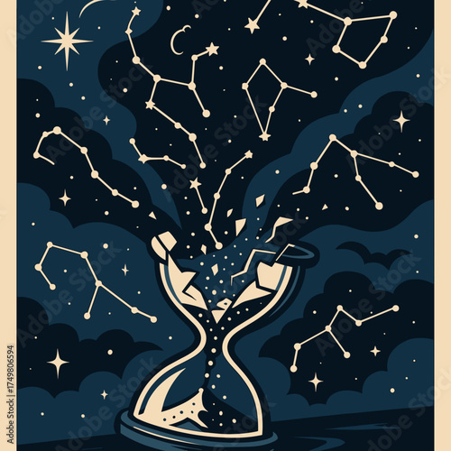 Broken hourglass spilling constellations into a starry night sky