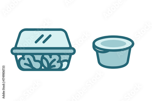 Disposable plastic container with fresh salad greens and a separate small sauce cup for dressing