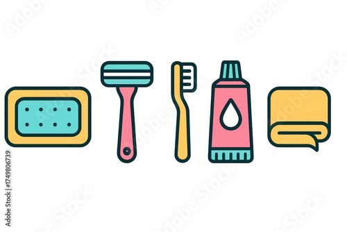 Daily personal care objects including soap razor toothbrush toothpaste and towel