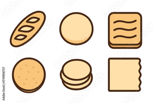 Set of baked goods and dough shapes including baguette, crackers, and flatbread symbols