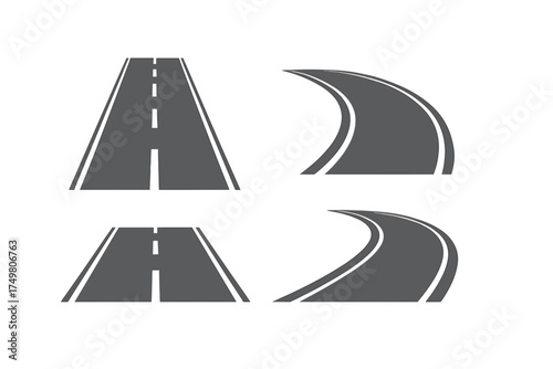 Set of four different road icons showing straight and winding highway paths