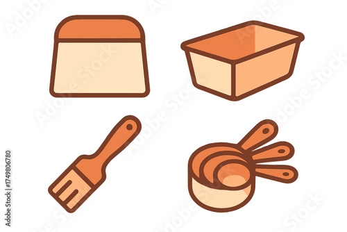 Essential baking tools collection including measuring cups, loaf pan, square pan, and pastry brush