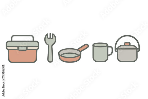 Essential camping cooking gear set with storage box fork frying pan mug and pot