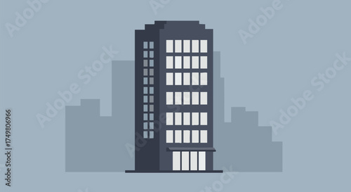 A minimalist illustration of a modern high-rise office building with many windows, set against a simple cityscape background.