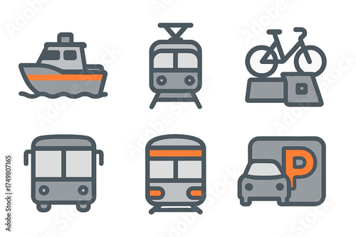 Set of public and private transportation icons covering road, rail, and water transit modes